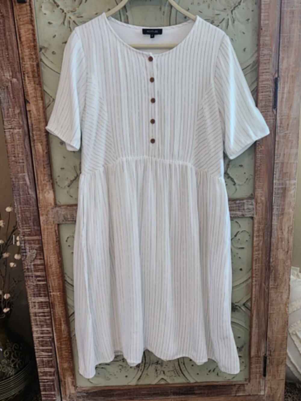Roolee White Striped Short Sleeve Linen Dress with Pockets | Small
